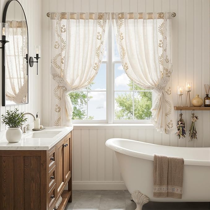 jinchan Belrose Linen Floral Cafe Curtains 54 Inch Length Embroidered Farmhouse Curtains for Kitchen Bedroom Bathroom Small Windows Curtain Set Light Filtering 2 Panels Beige