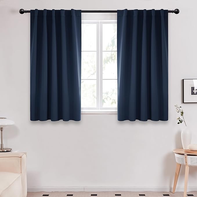 Deconovo Short Blackout Curtains for Small Windows, Thermal Insulated Rod Pocket and Back Tab Curtains, 42W x 45L Inch, Navy Blue, 2 Panels