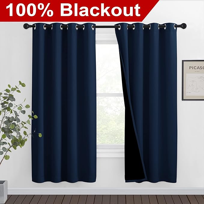 NICETOWN Complete 100% Blackout Curtain Set, Thermal Insulated & Energy Efficiency Window Draperies for Guest Room, Full Shading Panels for Shift Worker and Light Sleepers, Navy Blue, 46W x 72L, 2 Pcs