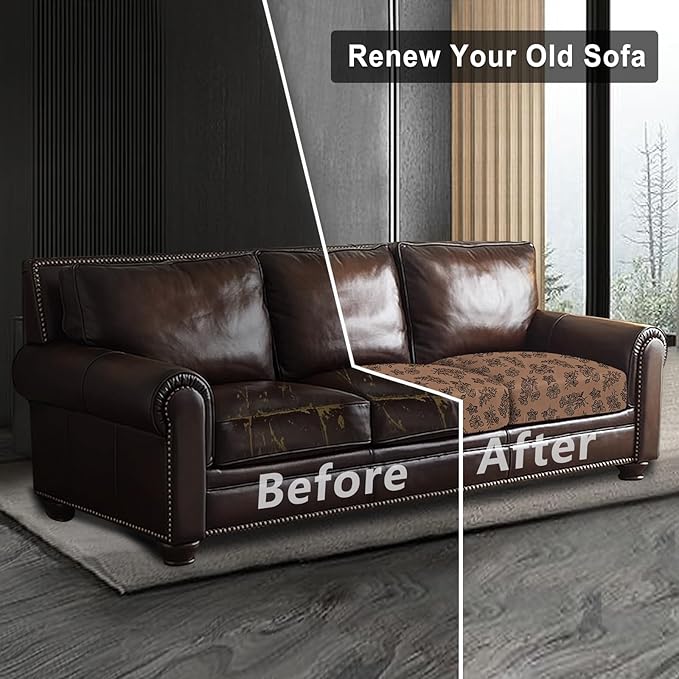 Leather Look Couch Cushion Covers Sofa Seat Slipcovers Sets Couches Furniture Protector for Sectional Armchair Loveseat Pets Kids Stretch Spandex Fabric (3 Cushion Sofa, Brown 01Flower)