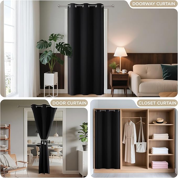 Joydeco Blackout Door Curtain for Doorway Privacy 108 Inches Long, Grommet Closet Curtain for Open Closet, Room Divider for Bedroom Living Room (Black, 52Wx108L, 1 Panel)