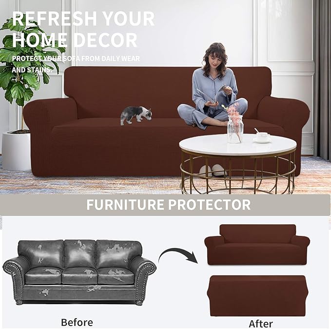 Easy-Going Stretch Oversized Loveseat Slipcover 1-Piece Sofa Cover Furniture Protector Couch Soft with Elastic Bottom for Kids Polyester Spandex Jacquard Fabric Small Checks Coffee