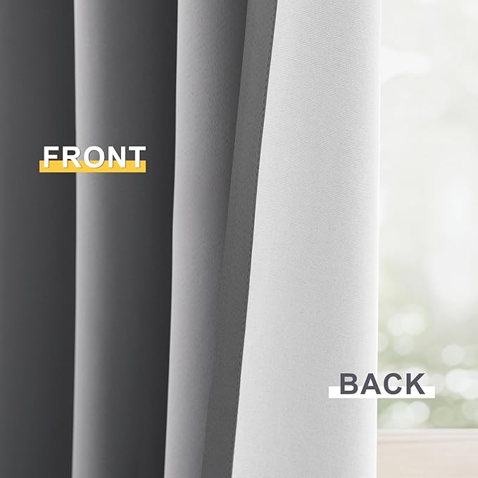 Yakamok 100% Blackout Curtain Panels 84 inches Cold and Light Blocking Drapes for Nursery, 2 Thick Layers Thermal Insulated Draperies (2 Pieces, 50 Wide Each Panel, Grey Front with White Backing)