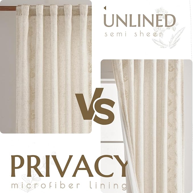 jinchan Belrose Lined Linen Blend Curtains Boho Floral Curtains for Bedroom 63 Inch Length Ivory Embroidered Drapes Rod Pocket Farmhouse Flower Drapes for Living Room Window Treatments Set 2 Panels
