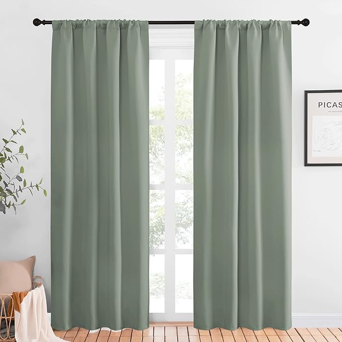 NICETOWN Window Curtains Blackout Drapes - Thermal Insulated Solid Rod Pocket Blackout Curtains/Draperies for Living Room (Greyish Green, One Pair, 42 by 84-Inch)