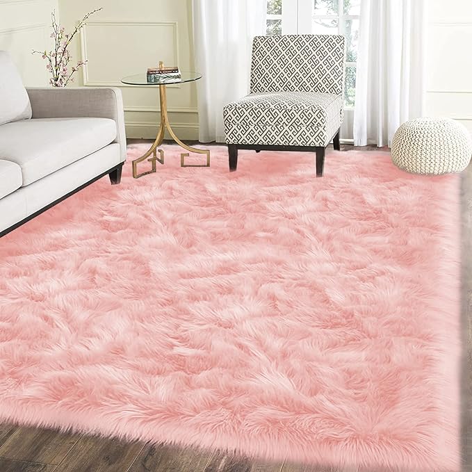 Latepis Pink Bedroom Rug 4x6 Area Faux Sheepskin Rug Fluffy Fur Rugs for Living Room Furry Bedside Rugs for Girls Room Luxury Home Decor