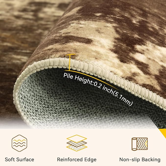Washable Area Rugs 6'x9' Non-Slip Modern Abstract Soft for Living Room Entryway Bedroom Nursery, Print Pattern, Brown Tan Beige Coffee