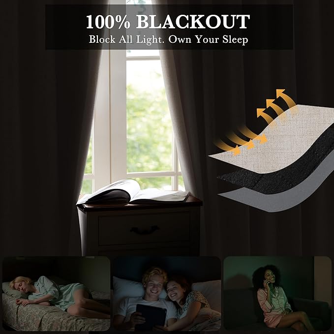 RYB HOME Natural Beige 100% Blackout Curtains 63 inch Long, Light Blacking & Thermal Insulated Curtains for Nursery/Bedroom/Kids'Room, Back Tab & Rod Pocket Window Treatment, W52 x L63, 2 Panels