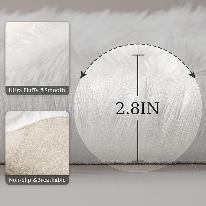 Ashler Home Deco Faux Fur Area Rug, White, 2 x 2.9 ft, Modern, Fluffy, Machine Washable