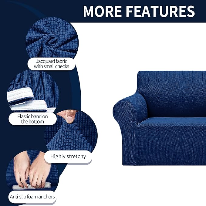 Cupuamon 2026 New Stretch Oversized Sofa Slipcovers Couch Sofa Cover for 4 Seater Furniture Protector Covers with Elastic Bottom Jacquard Fabric Small Checks for Pets, Kids - Classic Blue