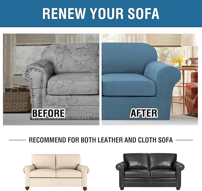 H.VERSAILTEX 3 Piece Stretch Sofa Covers for 2 Cushion Loveseat Couch Covers for Living Room Sofa Slipcovers (Base Cover Plus 2 Seat Cushion Covers) Thicker Jacquard Fabric(Medium Sofa, Dusty Blue)