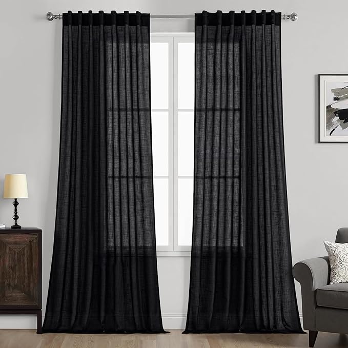 MIULEE Black Linen Curtains 84 Inch Length 2 Panels for Bedroom Living Room, Soft Thick Linen Textured Back Tab Window Drapes Semi Sheer Light Filtering Rod Pocket Modern Farmhouse Halloween Decor