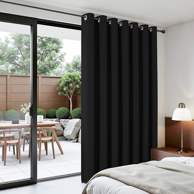 Joydeco Blackout Patio Sliding Door Curtains 108 Inches Long, Grommet Privacy Room Divider Curtains, Extra Wide Thermal Blackout Drapes for Bedroom Living Room (Black, 100Wx108L, 1 Panel)