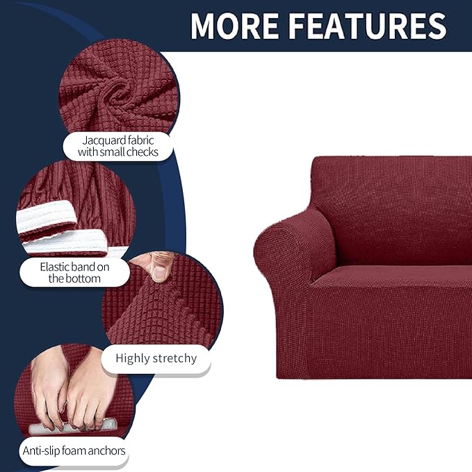 Cupuamon 2026 New Stretch Sofa Slipcovers Couch Cover for 3 Cushion Furniture Protector Sofa Covers with Elastic Bottom Jacquard Fabric Small Checks for Pets, Kids -Sofa, Dark Red
