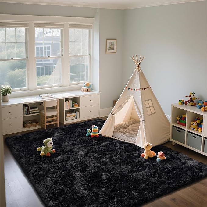 Shag Area Rugs for Bedroom Living Room,8X10 Ultra Soft Fluffy Area Rugs for Dorm, Indoor Carpet Nursery Rugs for Kids Room Home Decor, Black