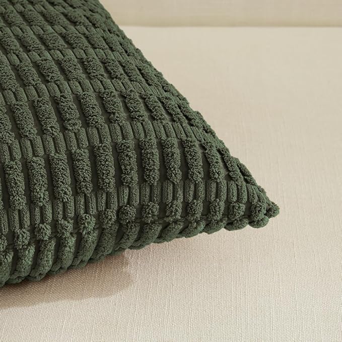 Fancy Homi 4 Packs Boho Olive Green Decorative Throw Pillow Covers 18x18 Inch for Couch Bed Sofa, Rustic Modern Farmhouse Home Decor, Soft Plush Corduroy Cute Square Cushion Case 45x45 cm