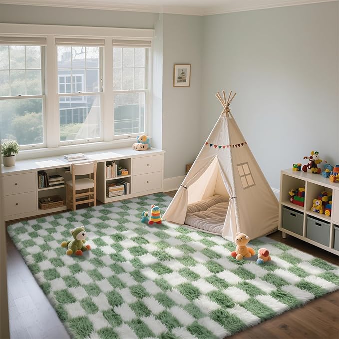 Area Rugs for Bedroom Living Room,6x9 Green and White Fluffy Soft Checkered Rug Fuzzy Shag Shaggy Carpet, Indoor Plush Floor Rugs for Kids Boys Girls Teen Dorm Nursery Home Decor