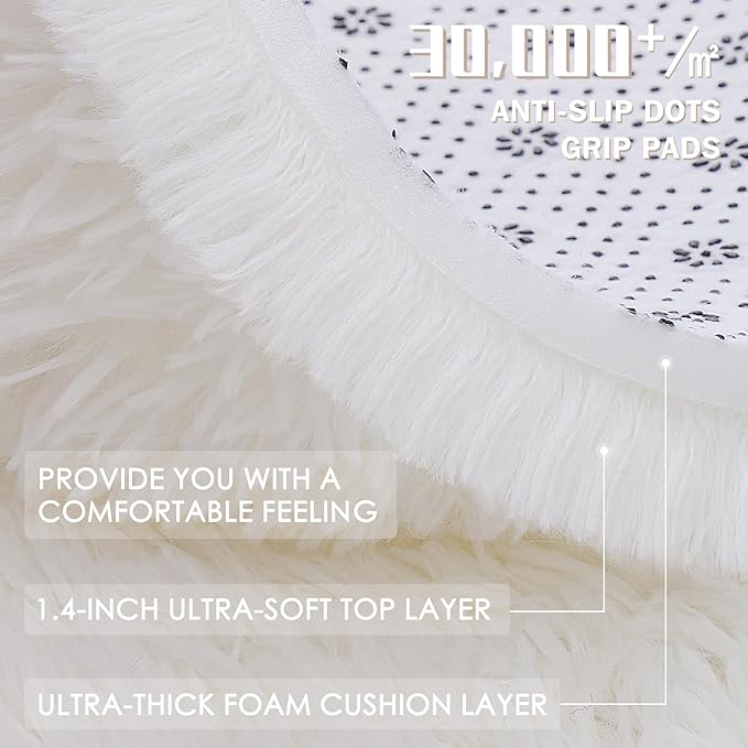 OLANLY Ivory Round Rugs for Bedroom - Machine Washable, 5 ft Circle Area Rugs for Living Room, Soft and Fluffy Shaggy Carpet for Teen Girls and Boys, Nursery Rooms, Dorms, Home Decor Aesthetic