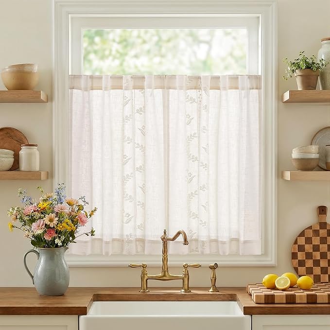 jinchan Belrose Linen Floral Kitchen Curtains 36 inch Length Embroidered Farmhouse Cafe Curtains for Living Room Bathroom Small Windows Curtain Set Sheer Light Filtering 2 Panels White