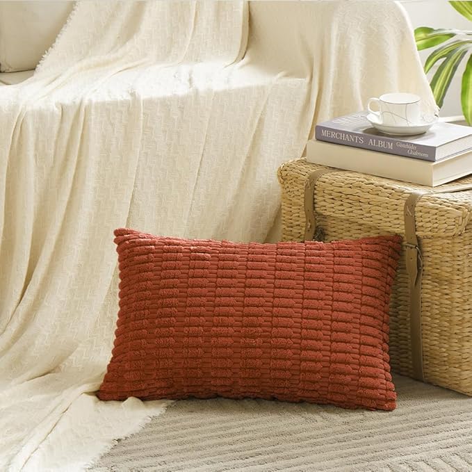 Fancy Homi 4 Packs Boho Burnt Orange Fall Decorative Throw Pillow Covers 16x24 Inch for Couch Bed Sofa, Rustic Modern Farmhouse Home Decor, Soft Plush Corduroy Cute Square Cushion Case 40x60 cm