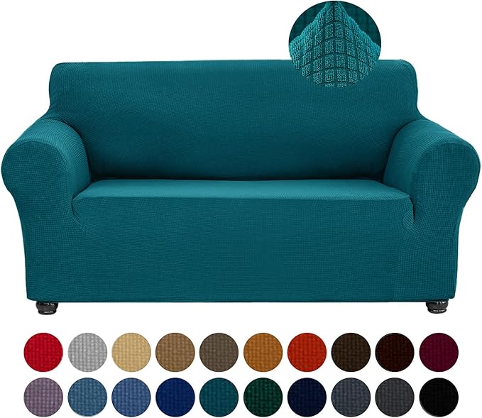 Joccun Stretch Loveseat Couch Cover, 1-Piece Sofa Cover for 2 Cushion Couch Spandex Jacquard Washable Furniture Protector Cover for Living Room,Kids,Pets（Loveseat,Peacock Blue）
