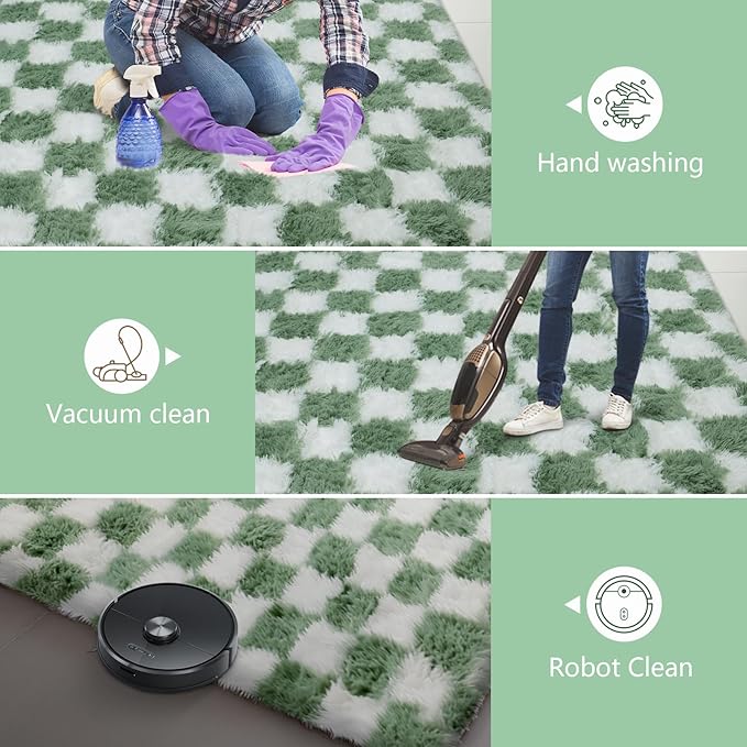 Area Rugs for Bedroom Living Room,4x6 Green and White Fluffy Soft Checkered Rug Fuzzy Shag Shaggy Carpet, Indoor Plush Floor Rugs for Kids Boys Girls Teen Dorm Nursery Home Decor