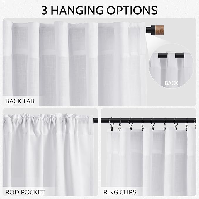 Nanspring Snow White Linen Curtains 96 Inches Long for Living Room Light Filtering Semi Sheer Curtain Back Tab Luxury Neutral Coastal Modern Farmhouse Decor Drapes for Bedroom Office 52x96, 2 Panels