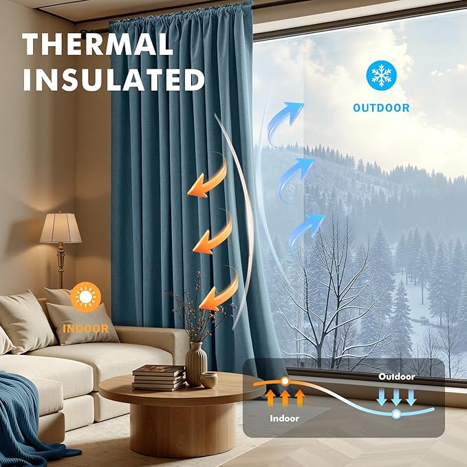 MIULEE 100% Blackout Linen Curtains for Bedroom, Stone Blue Solid Luxury Decor Thermal Insulation Room Darkening Drapes for Living Room Nursery Back Tab Rod Pocket 42 x 63 Inches, 2 Panels