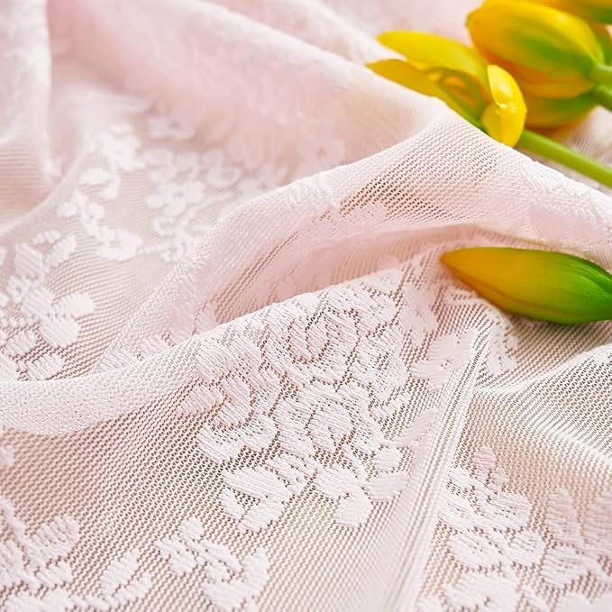 YJ YANJUN Vintage Lace Curtains Elegant Floral Pink Sheer French Door Curtains Set of 2 Shabby Chic Voile Door Drapes for Door Window Living Room Girls Room 52" W x 72" L 2 Panels