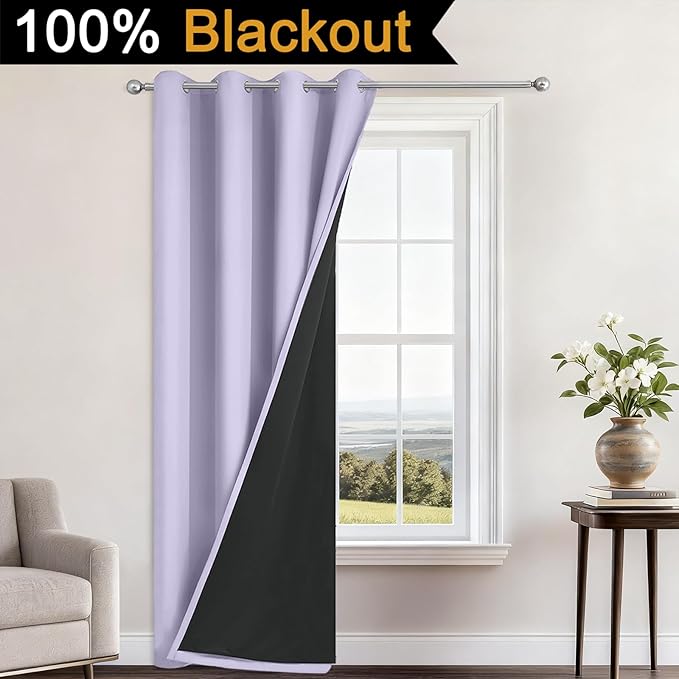 Yakamok 100% Blackout Curtains 96 Inches Long, 2 Thick Layers Heat and Full Light Blocking Soft Thermal Insulated Drapes for Bedroom(52" Wide Each Panel, Lilac, 1 Panel)