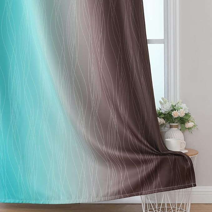 Estelar Textiler Brown and Teal Ombre Blackout Curtains 63 Inches Long for Kids Room, Thermal Insulated Gradient Full Light Blocking Grommet Blackout Drapes for Bedroom, 52Wx63L, 2 Panels