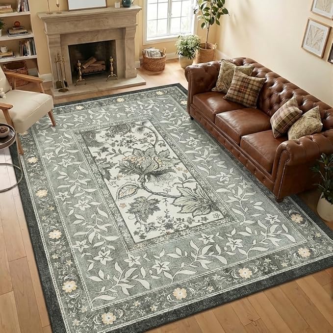 GarveeHome Provence 5x7 Area Rugs, Botanical Grove Soft Cottagecore Non-Slip Washable Rug for Bedroom Living Room Nursery Kitchen Low-Pile Retro Carpet Gray Fog Green