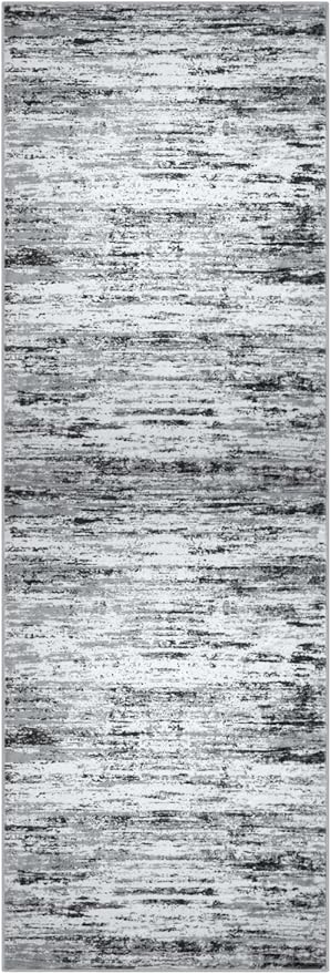 Lansny Modern Abstract Runner Rug 2x12, Black Grey White Washable Long Kitchen Runner Non-Slip Soft Hallway Rug Runner Thin Print Faux Wool Carpet for Entryway Bedroom Laundry Room Indoor Home Decor
