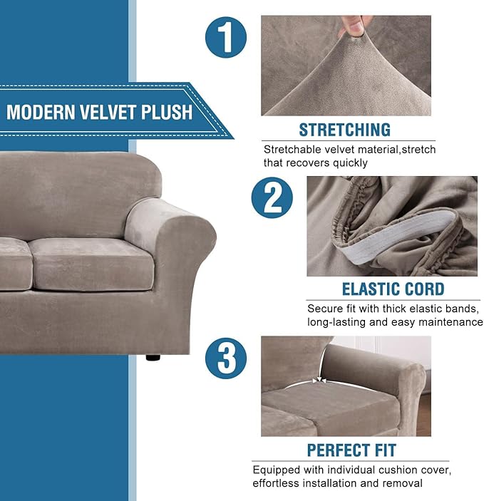 H.VERSAILTEX Modern Velvet Plush High Stretch Sofa Slipcover Furniture Protector Form Fit Luxury Thick Sofa Cover for 3 Cushion Couch, Machine Washable Width Up to 90 Inch (Sofa,Taupe), 4 Piece