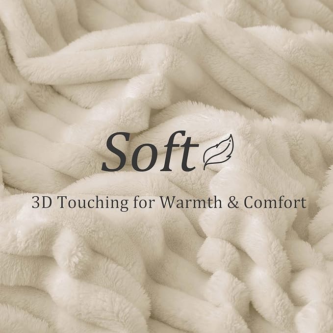 BEDELITE Blankets Queen Size for Bed, 300GSM Soft & Warm Fleece Blanket, Decorative and Giftable Striped Beige Blankets for Women, Men, 90"x90"