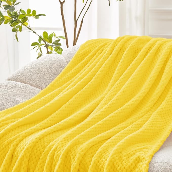 Exclusivo Mezcla Fleece Throw Blanket Extra Large, Super Soft and Warm Blankets for Couch, Sofa and Bed Waffle Textured, Cozy, Fuzzy and Lightweight (Vibrant Yellow, 50x70 Inches)