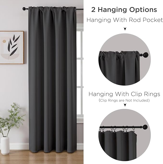 CUCRAF Dark Grey Blackout Curtains 54 inch Length 2 Panels Set, Rod Pocket Room Darkening Drapes for Bedroom Living Room, Insulated Thermal Light Blocking Window Curtain (W52 x L54 Inch)