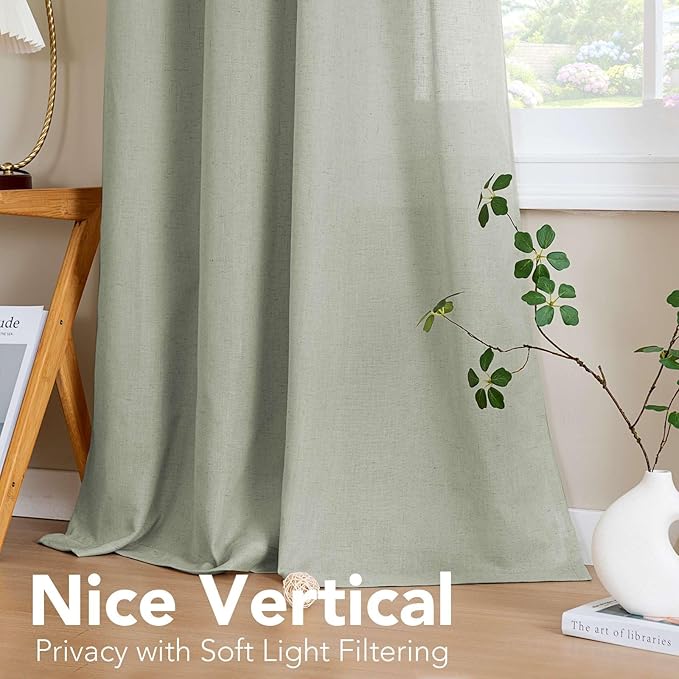 H.VERSAILTEX Elegant Natural Linen Blended Energy Efficient Light Filtering Linen Textured Semi Sheer Curtains/Nickel Grommet Window Treatments Panels/Drapes (Set of 2, Sage, 52" x 54")