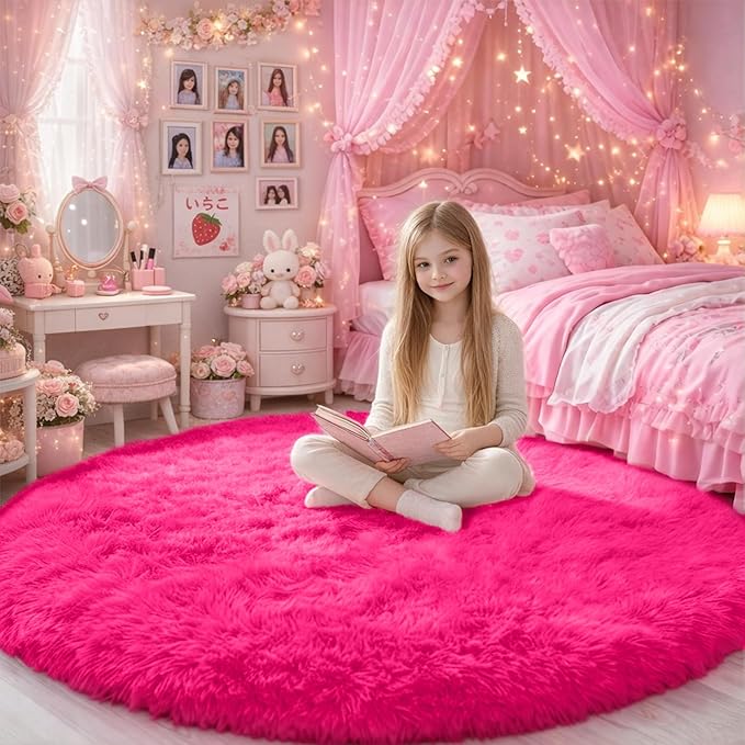 Hot Pink Round Rugs 5Ft for Girls Bedroom, Fluffy Circle Area Rug for Kids Room Decor Aesthetic, Shag Plush Fuzzy Furry Carpet for Living Room, Nursery, Dorm, Classroom, Teen, Cute Princess Baby Rug