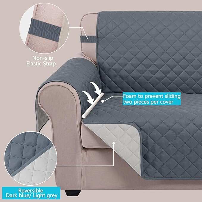 U-NICE HOME Recliner Chair Covers Reversible Quilted Water Repellent Pet Protectors with Elastic Straps (23''Recliner Small, Dark Blue/Light Grey)