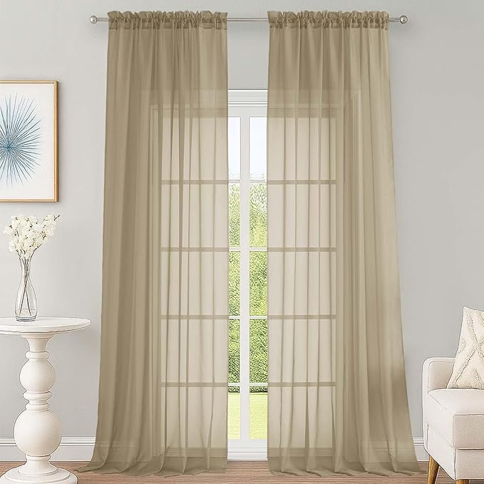 OWENIE Sheer Taupe Curtains 108 Inches Long for Living Room Bedroom 2 Panels Set, Lightweight Airy Taupe Sheer Curtain, Filmy Voile Rod Pocket, 2 PCS, Each 59" W x 108" L