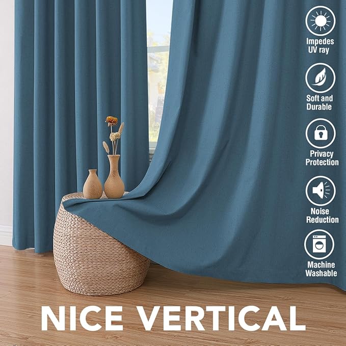 H.VERSAILTEX 100% Blackout Curtains for Bedroom Thermal Insulated Linen Textured Curtains Heat and Full Light Blocking Drapes Living Room Curtains 2 Panel Sets, Blue Sapphire, 52x84 Inch