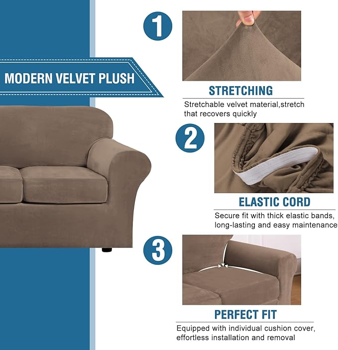 H.VERSAILTEX Real Velvet Plush 3 Piece Stretch Sofa Covers Couch Covers for 2 Cushion Couch Sofa Slipcovers Width Up to 90 Inch Feature Thick Soft Stay in Place (Sofa, Mocha)