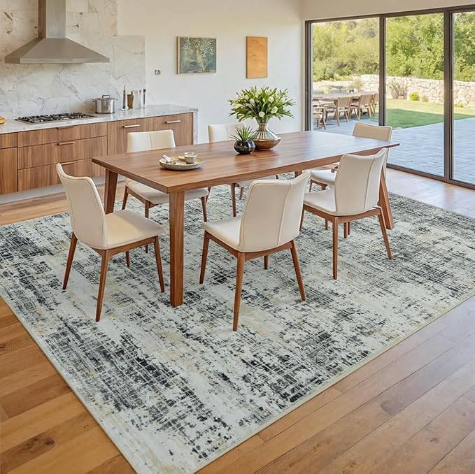 5x7 Area Rugs for Living Room Washable Rug: Anti-Skid Abstract Modern Living Room Rug Soft Thin Carpets Indoor Floor Non-Shedding Carpet for Bedroom Dining Farmhouse Nursery Black Gray Gold