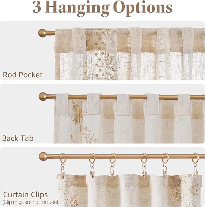 jinchan Belrose Linen Floral Kitchen Curtains 36 inch Length Embroidered Farmhouse Cafe Curtains for Living Room Bathroom Small Windows Curtain Set Sheer Light Filtering 2 Panels Beige