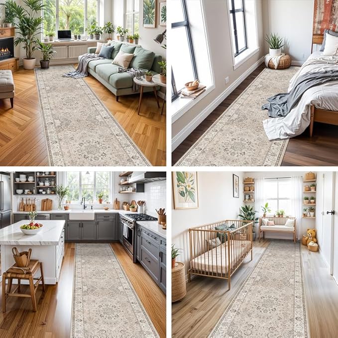 Hallway Washable Runner Rug - 3x10 Kitchen Rugs Entryway Rug Runner Vintage Soft Floor Mat Non Slip Indoor Farmhouse Carpet for Bathroom Living Room Bedroom (3 X 10, Beige)