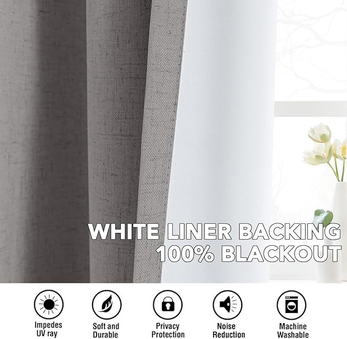 H.VERSAILTEX Linen Curtains 100% Blackout Curtains for Bedroom 45 inch Long Full Light Blocking Nature Linen Blended Window Curtains for Living Room Nickel Grommet (2 Panels, Heathered Dove)