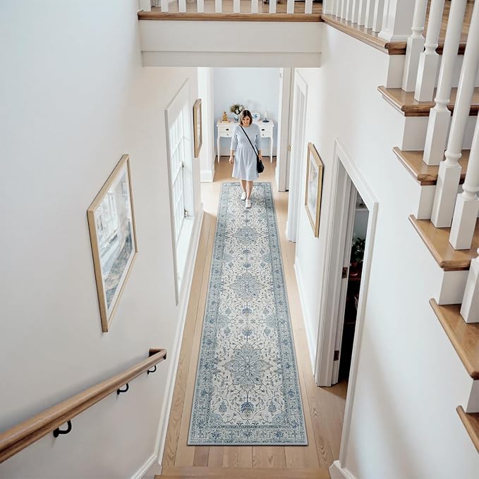 Area Rugs 2'x10' Washable Non-Slip, Floral Vintage Distress Print Pattern Medallion Carpet for Living Room Bedroom Dining Room, Light Blue Navy Beige Gray White