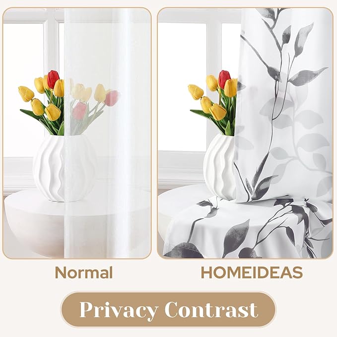 HOMEIDEAS Non-See-Through Light Grey and White Privacy Sheer Curtains 52 X 63 Inch Length 2 Panels, Leaf Floral Printed Light Filtering Semi Sheer Window Curtains Drapes for Bedroom Living Room
