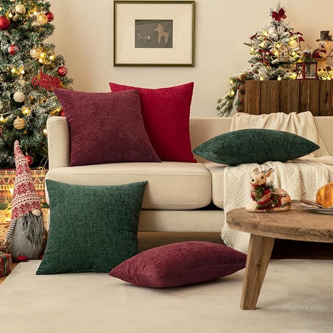 MIULEE Pack of 2 Red Couch Throw Pillow Covers 12x20 Inch Soft Chenille Lumbar Pillow Covers for Sofa Living Room Solid Dyed Cases